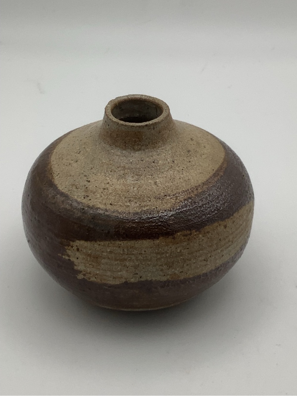 Handcrafted Stoneware Round Bud Vase in Brown and Tan